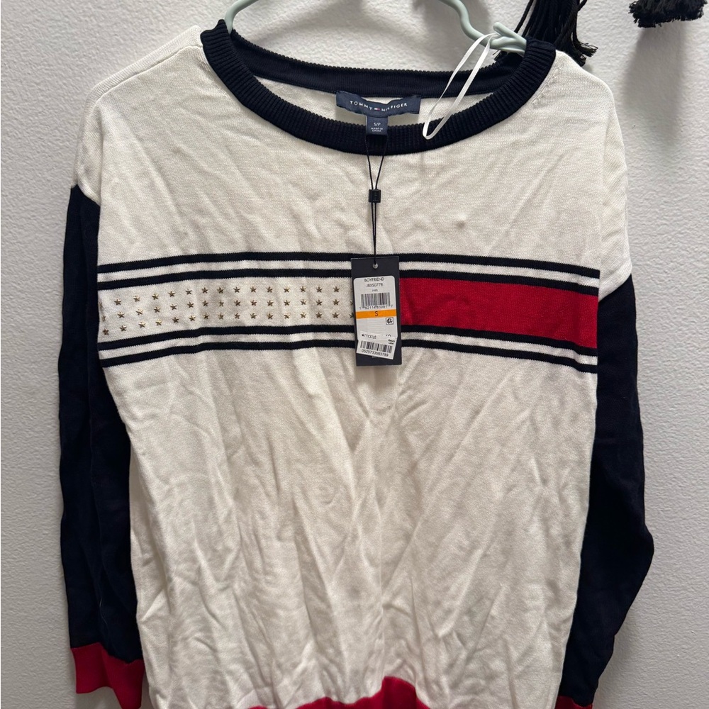 Tommy Hilfiger Cream Sweater with Navy Trim and Red Stripe